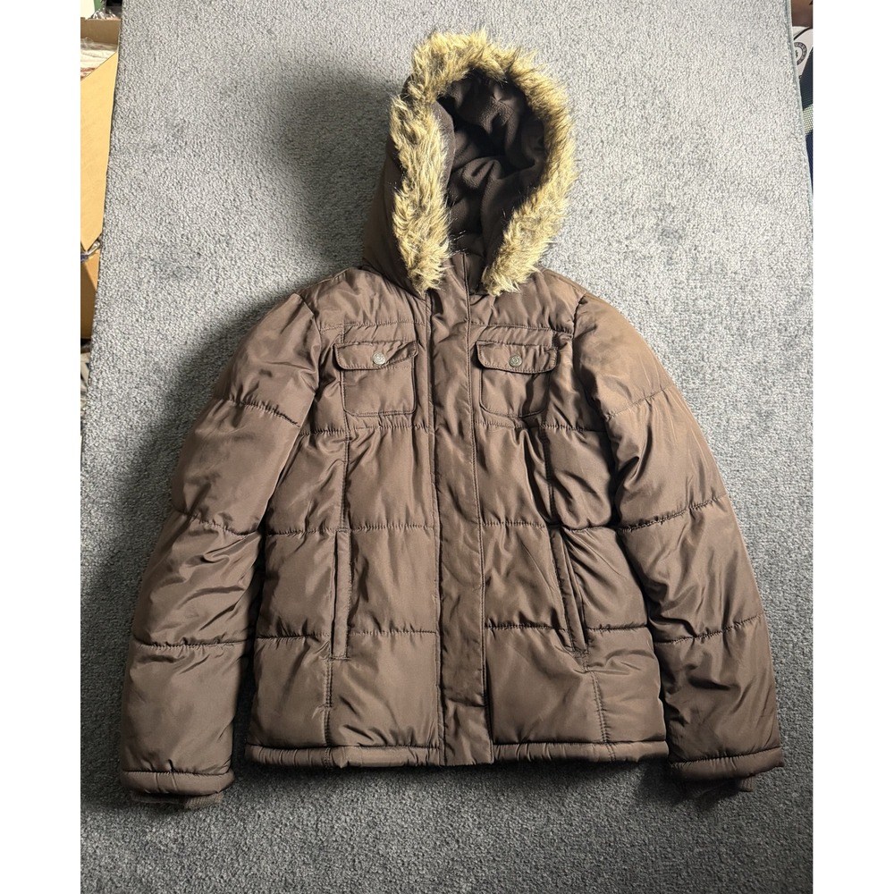 Old Navy Boys XL 14 Brown Puffer Jacket Faux Fur Hood Fleece Lined 856599-01